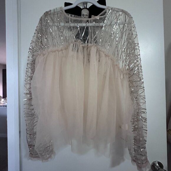 Anthropologie Sheer Sequin Tulle Top Coquette Embellished Angel Blouse - Picture 2 of 4